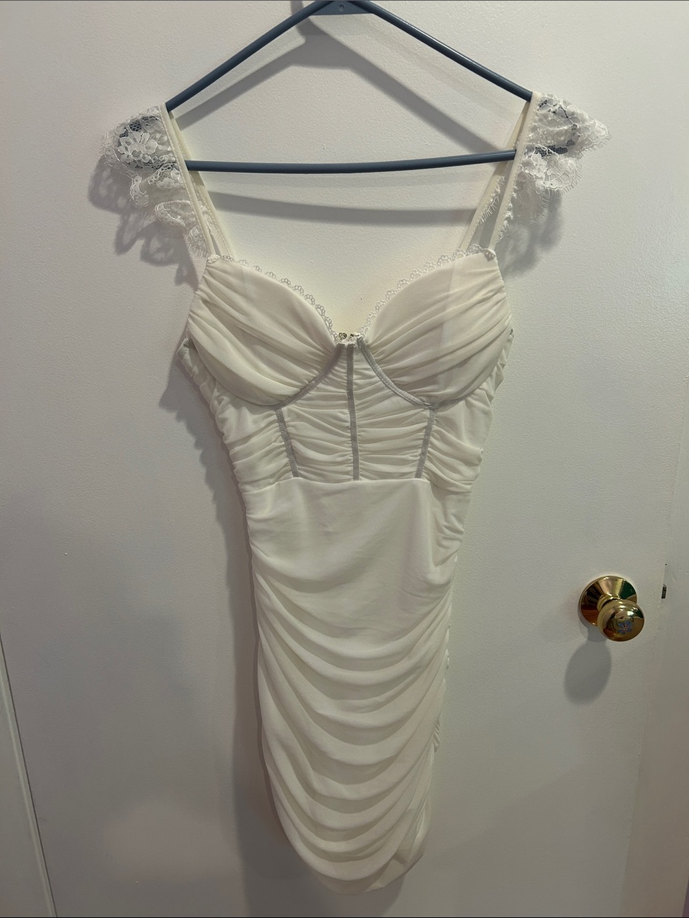 Lace-Trim White Ruched Mini Dress